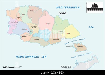 Mappa amministrativa vettoriale delle due isole maltesi Gozo e Comino con bandiera, Malta Illustrazione Vettoriale