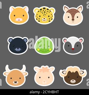Set di simpatici adesivi teste animali. Personaggi animali wild cartoon per il disegno della stampa del bambino, i bambini indossano, acquazzone del bambino, biglietto di benvenuto e di invito, w Illustrazione Vettoriale