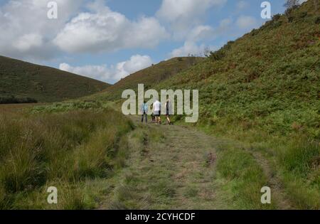 Two Female and One Male Walker with a Black Schnoodle Dog Escursionismo lungo un percorso sterrato sul Parco Nazionale Exmoor presso il fiume Barle a Somerset, Inghilterra, Regno Unito Foto Stock