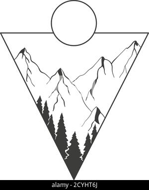 Montagne, sole e nuvole incise in un triangolo. Illustrazione Vettoriale