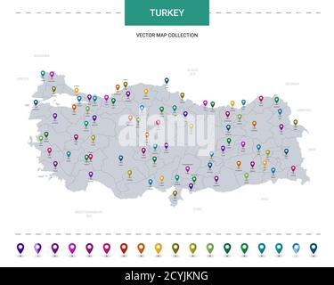 Mappa della Turchia con indicatori di posizione. Modello vettoriale infografico, isolato su sfondo bianco. Illustrazione Vettoriale