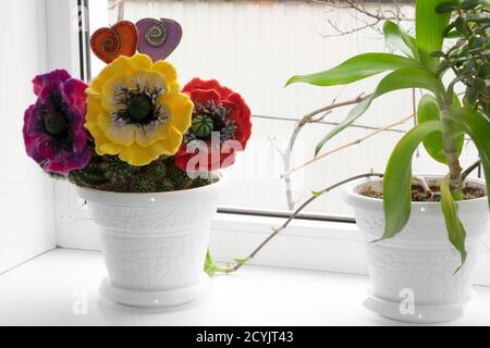 San Valentino, prodotti fatti a mano da feltro, due cuori e tre fiori da feltro su un cactus Foto Stock