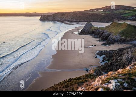 Rhossili Bay al tramonto, Gower Peninsula Beach, Swansea, Galles, Regno Unito, Europa Foto Stock