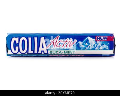 BUCAREST, ROMANIA - 24 AGOSTO 2015. Golia Activa mentolo eucaliptolo Candies. Golia è una tradizionale caramella italiana prodotta da perfetti Van Melle Foto Stock