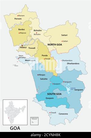 Politica e amministrativa di mappa vettoriale dello stato indiano di Goa Illustrazione Vettoriale