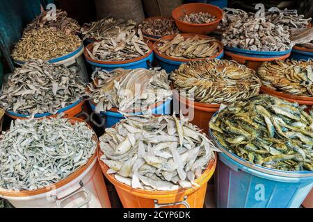 Molte varietà di pesci secchi salati in bidoni in una stalla vicino al mercato centrale della città. Centro citta', Kannur, Kerala, India Foto Stock