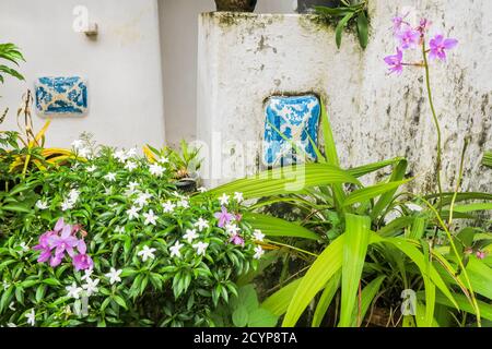 Dettagli giardino in stile coloniale portoghese Old Courtyard Hotel a Fort Cochin; Princess St, Kochi (Cochin), Kerala, India Foto Stock