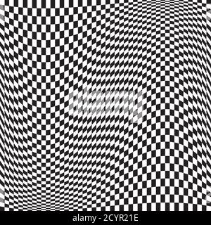 Versione ondulata a scacchi, a scacchi, a scacchi, con distorsione, effetto di deformazione. Distorcere, deformare lo sfondo dei quadrati, ripetere. Illustrazione Vettoriale
