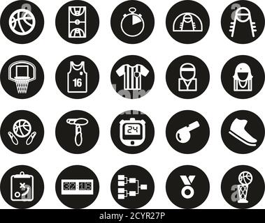 Icone di basket Bianco su Black Flat Design cerchio Set Grande Illustrazione Vettoriale