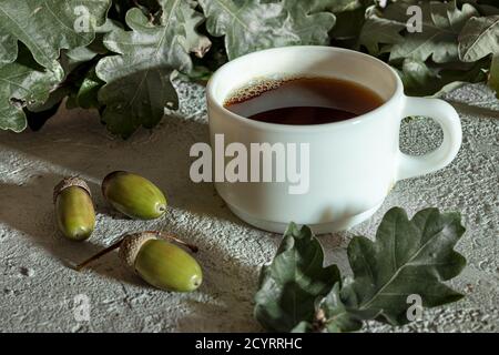 Tazza di caffè acorno, ghiande e foglie di quercia verde su sfondo grigio. Un'alternativa al caffè tradizionale, una sana bevanda calda casalinga ecologica Foto Stock