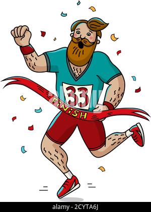 Man Runner attraversa la linea di arrivo. Stile cartone animato. Maratona. Illustrazione Vettoriale