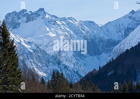 Trettachtal, Winterlandschaft; Wald, Berge, schneebedeckt, Oberstdorf, Allgäuer Alpen Foto Stock