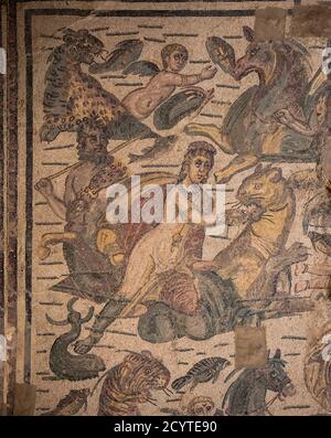 Nereide e centauro con una leonessa dei mosaici romani in Villa Armerina, Sicilia. Dettaglio dalla stanza che mostra il mito di Arion e il delfino. Foto Stock