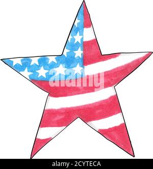 Bandiera americana a forma di stella. Immagine disegnata a mano in stile marcatore. Disegnare con penne a feltro. STATI UNITI. Celebrazione del giorno dell'Indipendenza degli Uniti Illustrazione Vettoriale