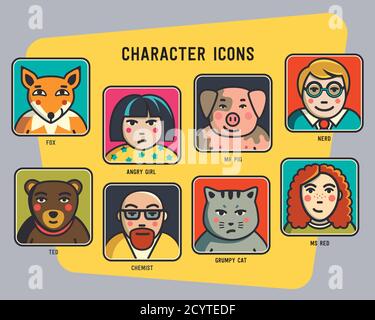 Avatar vettoriali. Personaggi colorati divertenti. Uomini, donne e animali divertenti. Maiale, gatto, orso e volpe. Illustrazione Vettoriale