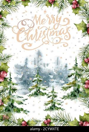 Allegra scritta di Natale albero felice carta foresta di Capodanno. Vacanze invernali . Elemento grafico Forest Snow Postcard. Carino mano scritto primitivo Foto Stock