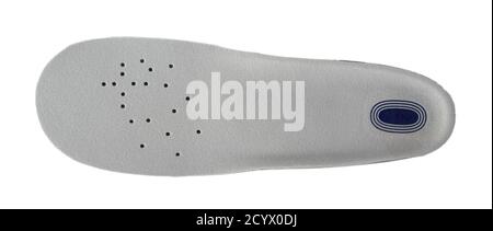 Sottopiedi sportivi ammortizzanti isolati su sfondo bianco vista dall'alto. Schiuma e silicone nella composizione, rivestimento superiore in materiale morbido grigio. Foto Stock