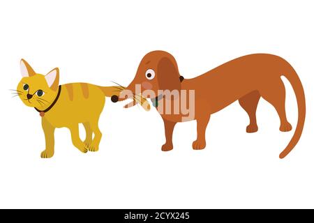 Immagine animata su sfondo bianco migliori amici - gatto e cane, illustrazione vettoriale Illustrazione Vettoriale