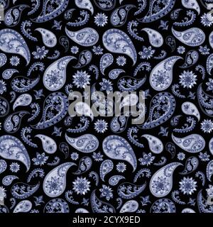 Paisley orientale floreale astratto vintage texture senza cuciture. Acquerello disegno a mano blu disegno blu disegno blu disegno su sfondo nero. Carta da parati, da imballaggio, tessile, Foto Stock