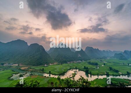 Bel passo di riso terrazza paddle campo al tramonto e all'alba a Trung Khanh, Cao Bang. Foto Stock