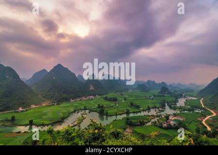 Bel passo di riso terrazza paddle campo al tramonto e all'alba a Trung Khanh, Cao Bang. Foto Stock