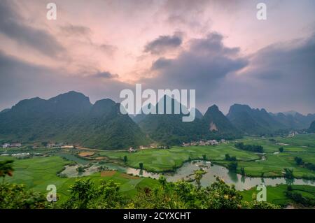Bel passo di riso terrazza paddle campo al tramonto e all'alba a Trung Khanh, Cao Bang. Foto Stock
