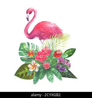 Bouquet esotico con fenicotteri rosa, foglie verdi tropicali, rami e fiori luminosi isolati su sfondo bianco. Acquerello mano disegnata naturale bota Foto Stock
