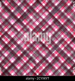 Motivo senza giunture plaid geometrico diagonale in rosa e grigio astratto. Acquerello disegnato a mano nero e rosa sfondo trendy. Foto Stock