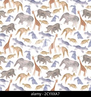 Animali sfondo astratto. Silhouette senza cuciture modello fauna selvatica. Colore nero, marrone, verde, grigio e bianco. Illustrazione disegnata a mano con acquerello. SKET Foto Stock