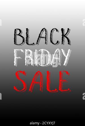 Poster di vendita Black Friday con caratteri acquerelli disegnati a mano su sfondo bianco e nero sfumato. Illustrazione verticale. Foto Stock