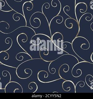 Modello astratto in argento senza cuciture in stile orientale su sfondo blu navy. Può essere utilizzato per carta da parati, confezionamento, tessuto, sfondo di pagine web. Foto Stock