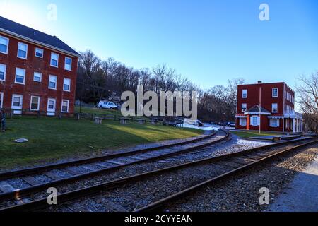 Hanover Junction, PA, USA - Febbraio 28. 2016: Hanover Junction Station is Southern York County è stato un interscambio per le prime ferrovie. Foto Stock