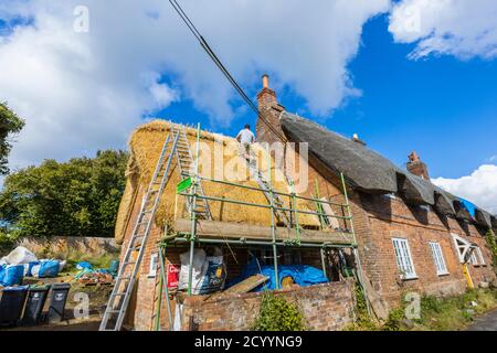 Un thatcher esperto al lavoro che sostituisce il tetto tradizionale di paglia di un vecchio cottage in Great Bedwyn, un villaggio nel Wiltshire orientale, Inghilterra meridionale Foto Stock