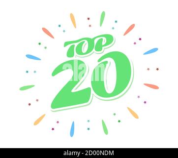 Top 20 parola verde all'interno di fuochi d'artificio su sfondo bianco. Un'iscrizione colorata del volume. Illustrazione vettoriale in stile piatto. Illustrazione Vettoriale