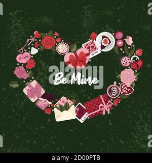 Carino poster con valentines giorno elementi saluti, cuore forma cornice, vettore illustrazione in stile cartoon piatto. Volantini, invito, poster, broccia Illustrazione Vettoriale