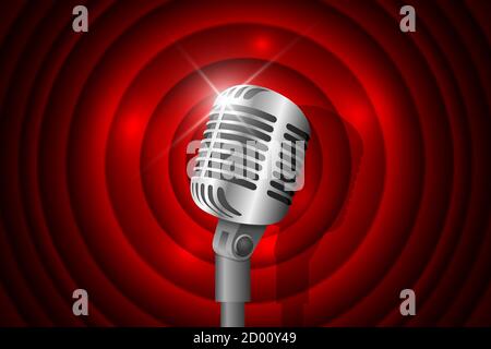 Microfono vintage in metallo argento illuminato e sfondo rosso circolare. Concetto di musica retrò. Microfono sul palcoscenico vuoto. Stand up spettacolo notturno commedia. Illustrazione grafica eps vettoriale del karaoke party Illustrazione Vettoriale