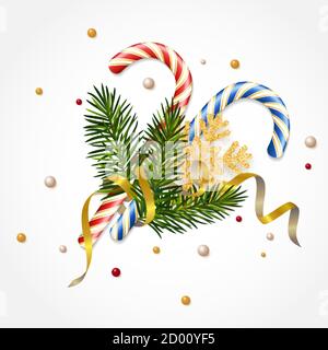 Caramelle natalizie su sfondo bianco con rami di abete rosso, fiocco di neve dorato e serpentina. Modello di progettazione per il biglietto di auguri per l'anno nuovo Illustrazione Vettoriale