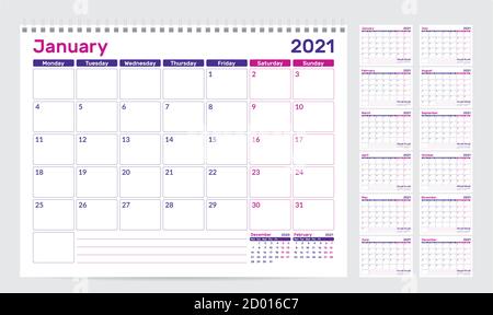 Calendario 2021. Settimana a partire da lunedì. Set di 12 mesi. Pronto per la stampa. Illustrazione vettoriale Illustrazione Vettoriale
