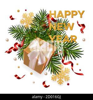 Capodanno con regalo, rami di un abete, fiocchi di neve d'oro splendenti e serpentina. Concept per il biglietto d'auguri di Capodanno e Natale Illustrazione Vettoriale