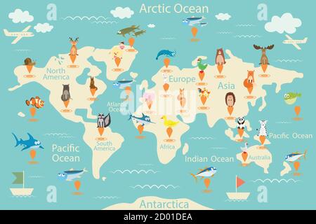 Animali, mappa del mondo. Mappa del mondo per i bambini. Poster degli animali. Animali del continente, vita marina. Sud America, Eurasia, Nord America, Africa Illustrazione Vettoriale