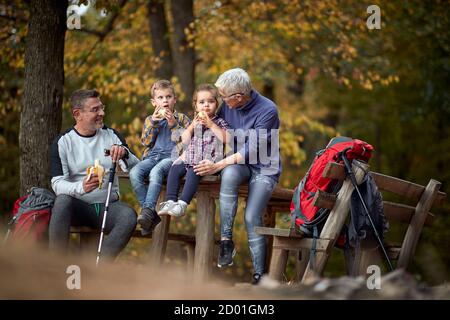 Nonni insieme su un picnic con i nipoti nei boschi Foto Stock