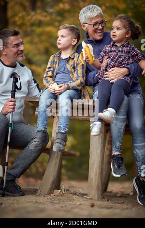 Nonni insieme su un picnic con i nipoti nei boschi Foto Stock