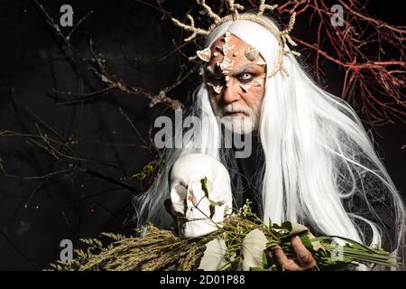 Diavolo cornuto nella sua casa - stile antico. Il demone diabolico ardente chiama le forze del male e apre l'inferno. Uomo anziano con due corna rosse. Mostro con Foto Stock