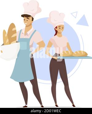 Coppia di bakers immagine vettoriale a colori piatti. Concetto di panificio. Personaggi di cartoni animati maschili e femminili che tengono il pane. Industria alimentare. Cartone animato isolato Illustrazione Vettoriale