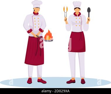 Gli chef dell'hotel hanno un'illustrazione vettoriale uniforme e piatta. Personale di cucina, personale di servizio, addetti ai ristoranti. Due fornelli con utensili da cucina isolati Illustrazione Vettoriale