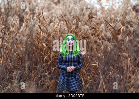 Ritratto di una ragazza con capelli verdi con trucco joker su un arancio foglie di sfondo canne. Foto Stock