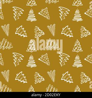 Modello invernale senza cuciture con alberi di natale su sfondo dorato. Illustrazione vettoriale. Illustrazione Vettoriale
