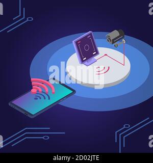 Illustrazione vettoriale del colore isometrico del sistema di sicurezza. Telecomando della telecamera di sorveglianza, app per smartphone di monitoraggio. Protezione domestica intelligente, allarme Illustrazione Vettoriale