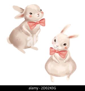 Conigli carini con arco. Illustrazione del coniglio bianco Foto Stock