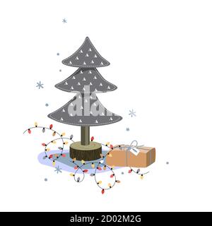 Albero di abete in feltro in miniatura, scatola regalo di natale e luci brillanti su sfondo bianco. Biglietto d'auguri per le festività, illustrazione vettoriale cartoon Illustrazione Vettoriale